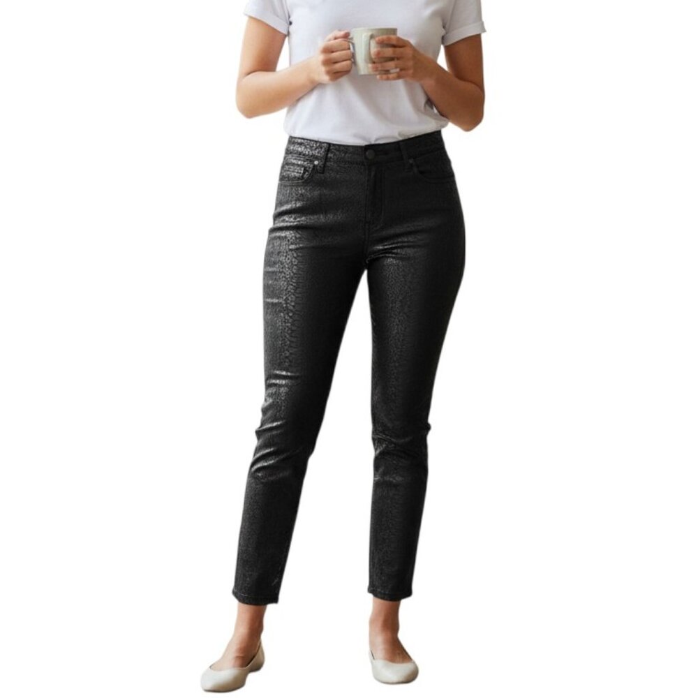7 For All Mankind Womens 14 Black Metallic Snake Print Skinny Jeans Coated